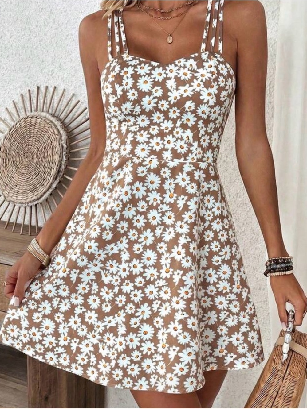 SHEIN Brown Midi Sundress with White Daisy Print